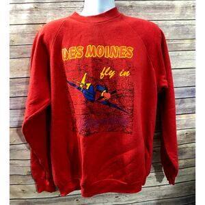 VTG Des Moines Airplane Sweatshirt Men's XL Red Made in USA Crew Pullover 24x28